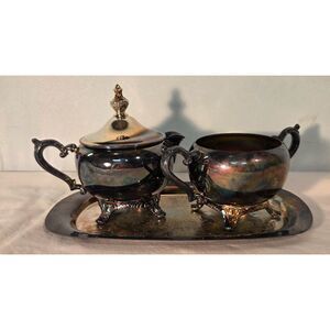 Rogers Silverplate Creamer Sugar Bowl Tray Set Vintage WM Rogers